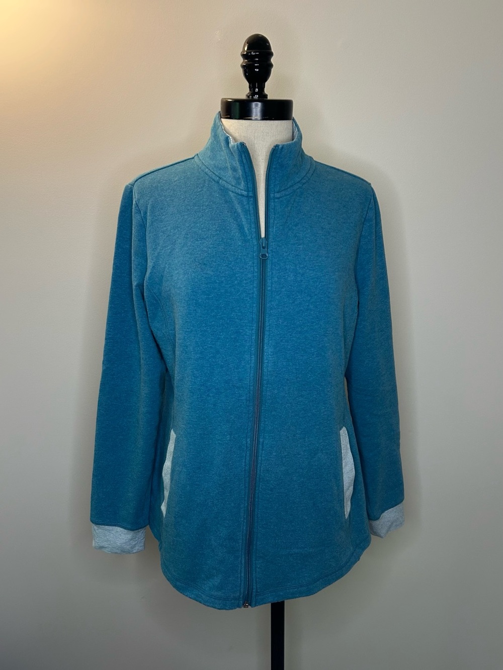 T by Talbots Teal Full-Zip Fleece Jacket Mockneck Solid Pockets Womens M